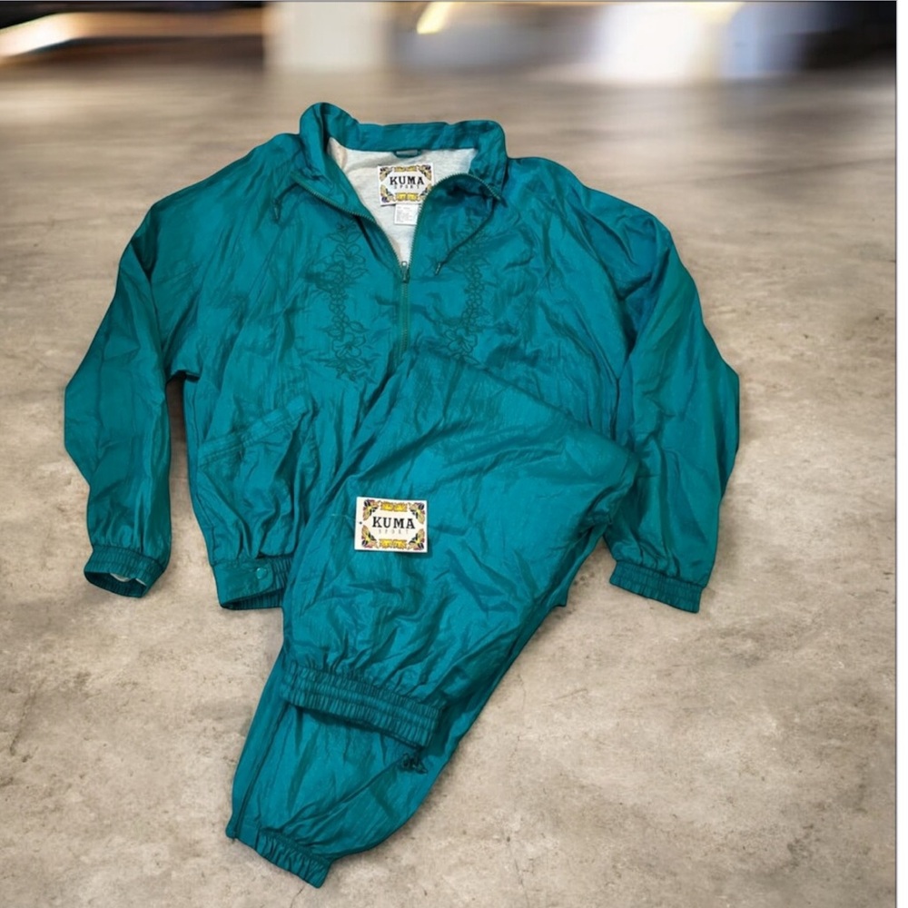 NWT Vintage Kuma Sport Tracksuit‎ Woman's Large Teal 90s Nylon Windbreaker Set